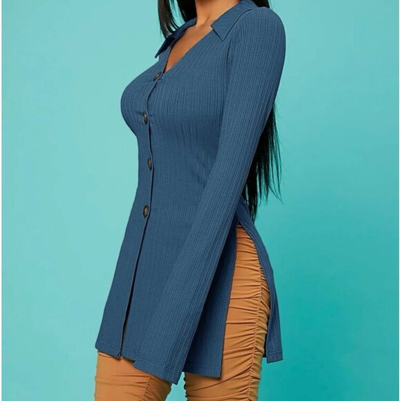 SHEIN Ribbed Knit Button Up Cardigan w slit sleeve - Picture 2 of 2